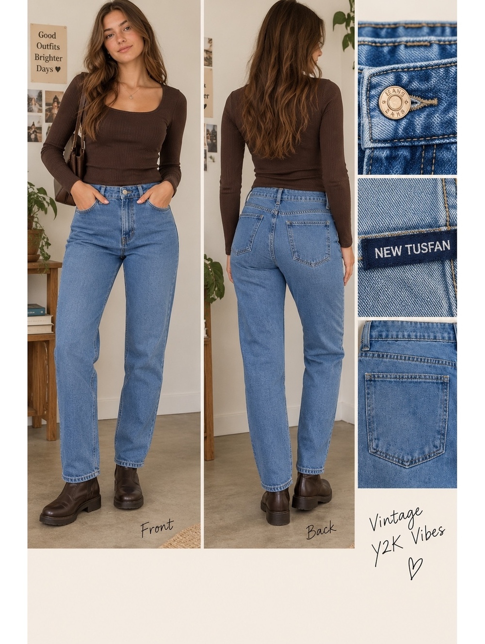New Tusfan Women’s 34 High Rise Straight Leg Jeans Medium Wash Y2K 90s